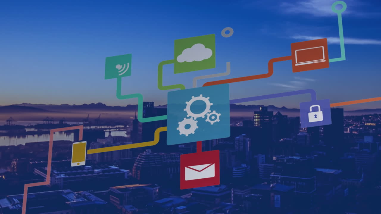 도시 풍경 위의 클라우드 아이콘으로 연결된 네트워크의 애니메이션