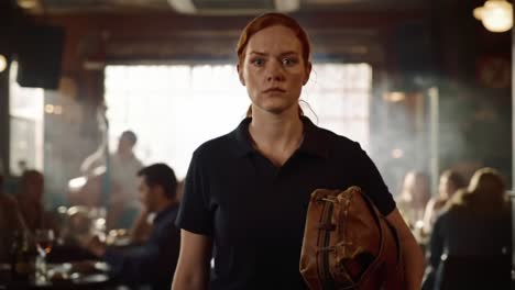 determined woman walks through busy bar with confidence and purpose, carrying a bag, surrounded by smoky atmosphere and distracted patrons