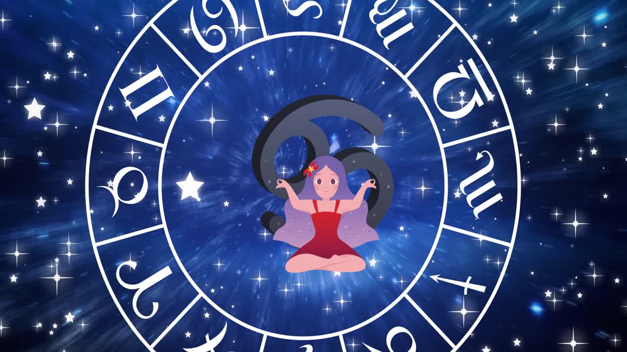 animación del signo de la estrella del cáncer dentro de la rueda giratoria de los signos del zodiaco sobre las estrellas en el cielo azul