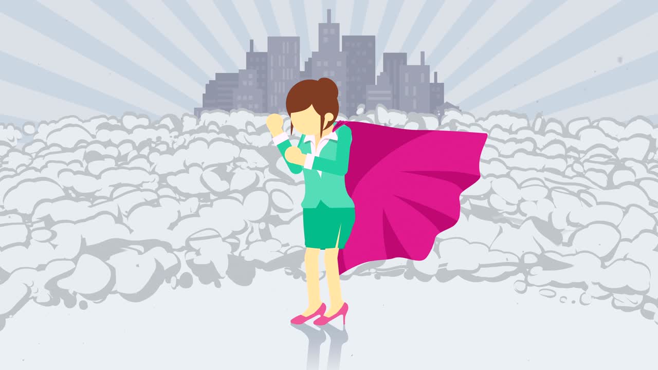 도시 배경에 서있는 슈퍼 히어로, 먼지 구름 근처, 비즈니스 여성 상징, 리더십 및 성취 개념, 만화 루프 애니메이션.