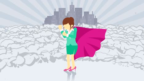 superhero standing on city background. near a cloud of dust. business woman symbol. leadership and achievement concept. comic loop animation.