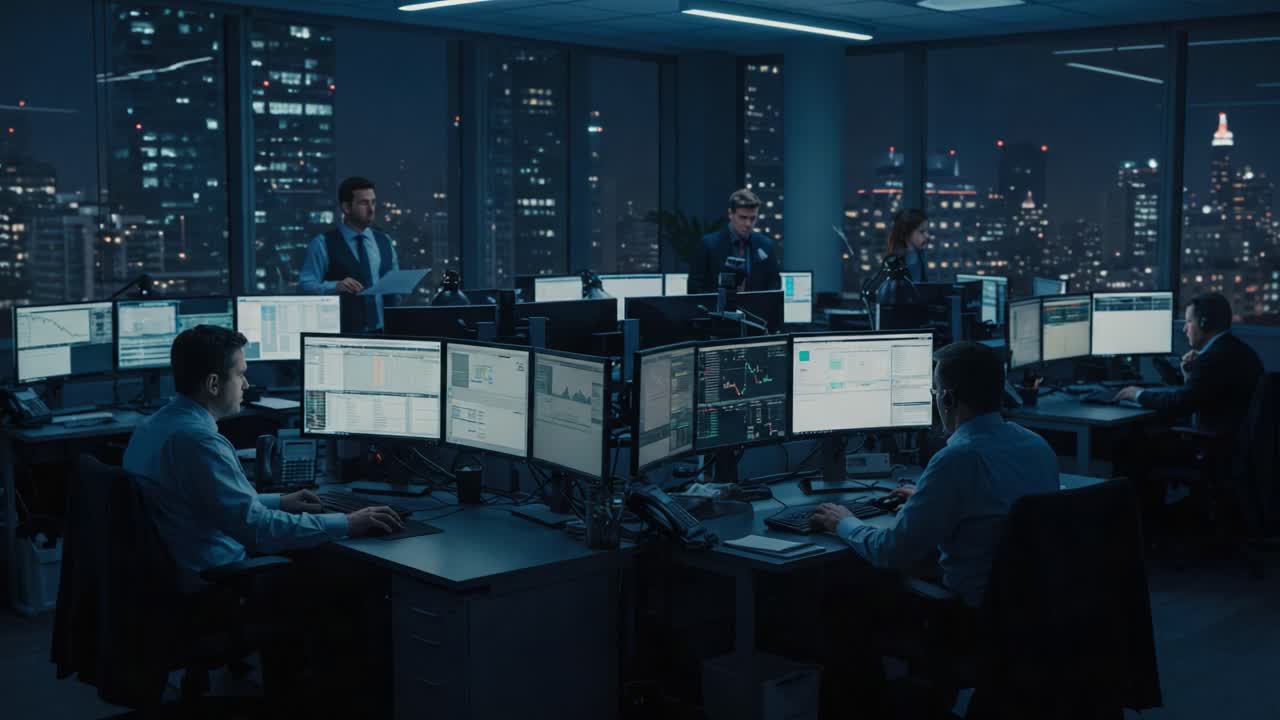 Nighttime Office Scene Showcasing Multiple Traders Analyzing Market Data on Computer Screens with a Cityscape Background in a Busy Financial Environment