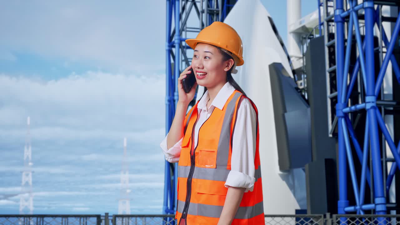 안전 헬을 입은 아시아 여성 엔지니어가 우주왕복선에 서서 스마트폰으로 대화하는 측면