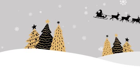 Animación-De-árboles-De-Navidad-Y-Santa-En-Trineo-Con-Renos-Sobre-Fondo-Blanco