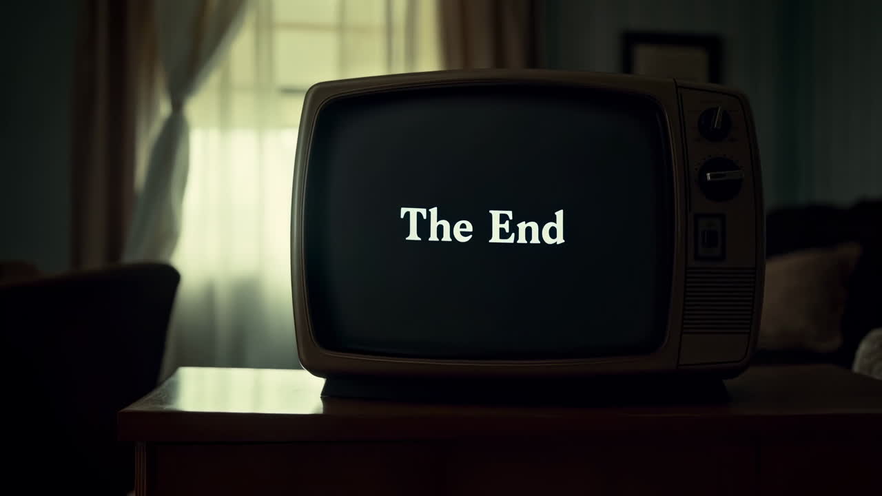 Schermo televisivo vintage che mostra i titoli di coda, illuminazione d'atmosfera del soggiorno, tende trasparenti retroilluminate