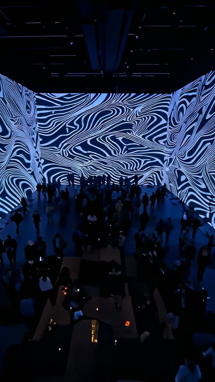 Vertical video: Reacting to projections, visitors moving toward front wall at gallery, using phones