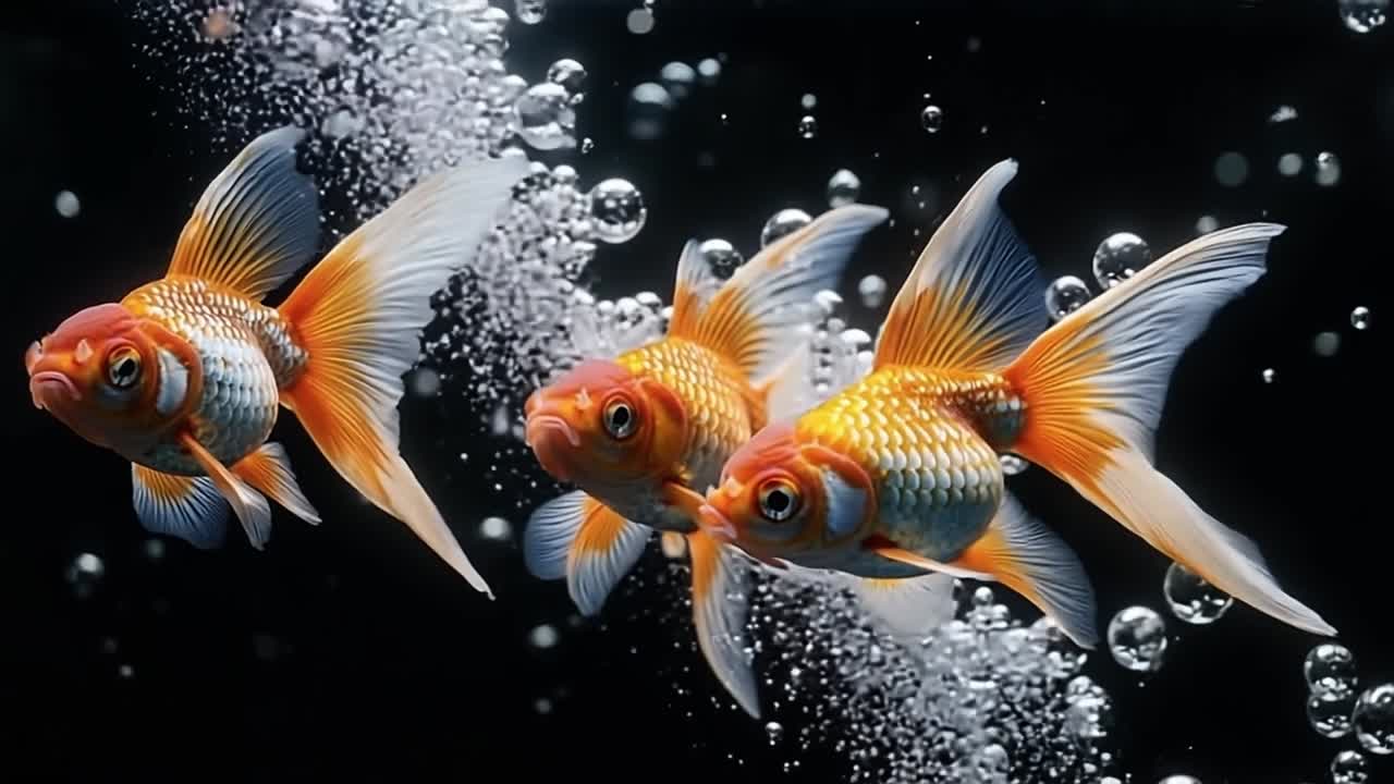 Goldfish swimming in bubbles underwater. Three vibrant goldfish swim gracefully through bubbles in a dark underwater environment, showcasing their colors.