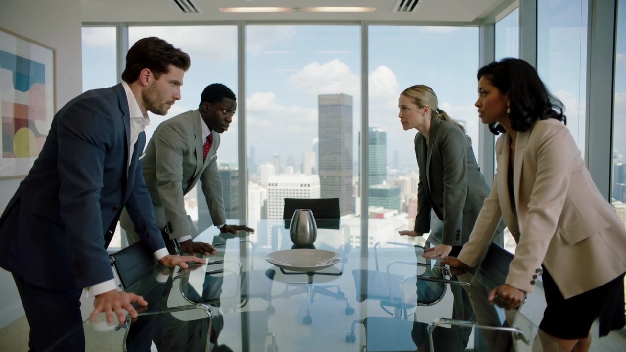 Leaning forward, four execs in suits negotiating in highrise office, man pressing hand on glass urn