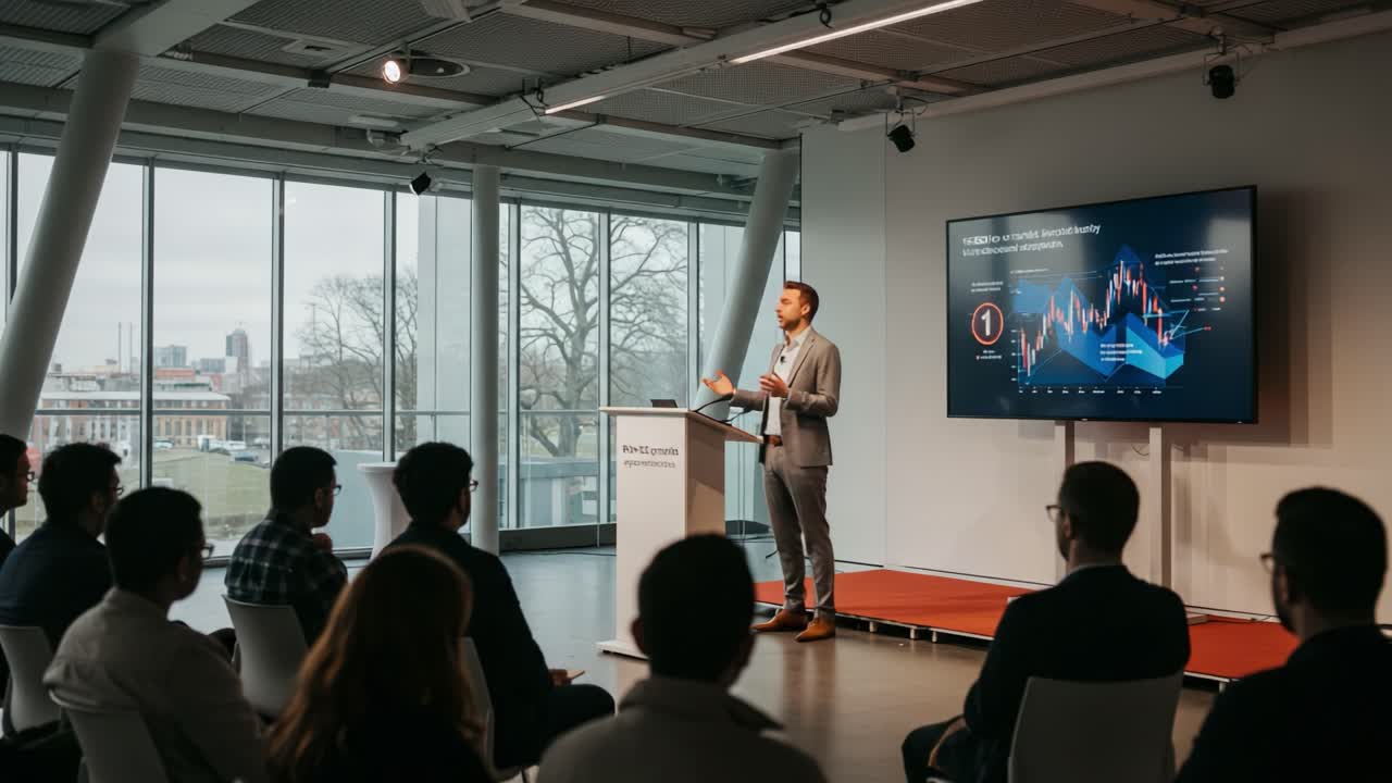 Engaging Presentation on Market Trends Featuring Dynamic Graphs and Insights Captivates Audience in Modern Conference Space