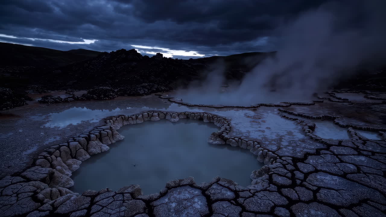 Dramatic Geothermal Landscape with Steaming Hot Springs at Dusk