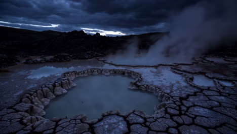 dramatic geothermal landscape with steaming hot springs at dusk