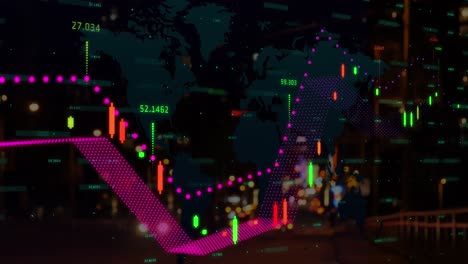 animación del procesamiento de datos financieros y mapa sobre el paisaje urbano