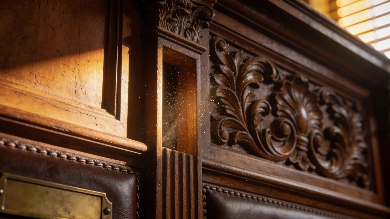 Shining sun through blinds lighting carved panel leather and brass plaque in hall showing dust