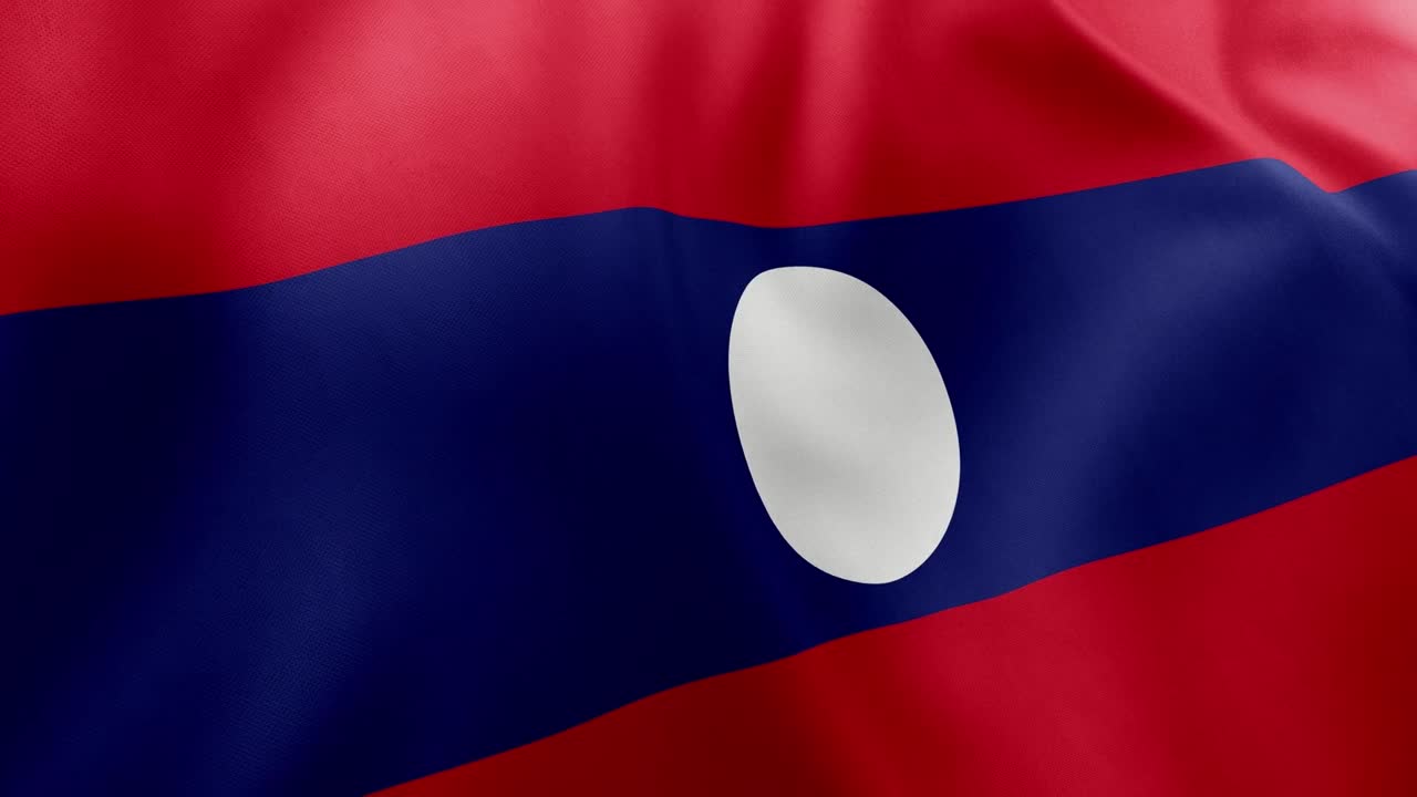 Realistic waving flag of Laos, red and blue stripes with central white disc. Southeast Asian nation symbol, Vientiane, patriotism concept, Laos