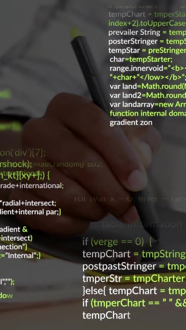 Vertical video: Green code overlay sparking man writing notes and using stylus, documenting code