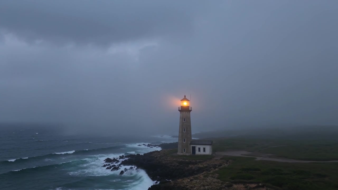 Faro solitario in pietra illuminato che segnala su un promontorio roccioso, la lanterna guida le navi di passaggio