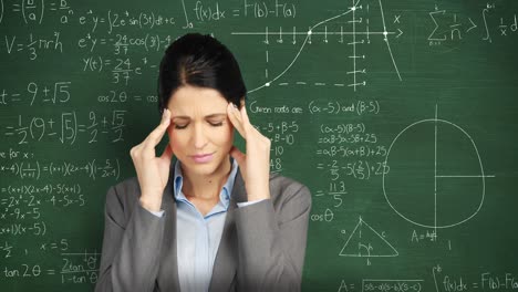 mujer masajeando sus templos frente a la pizarra con cálculos matemáticos en movimiento