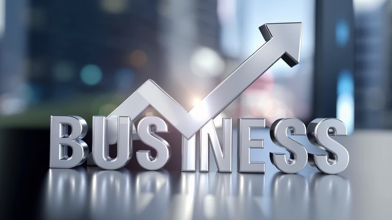 Metal letters spell "BUSINESS" with a rising arrow behind. Arrow points upward, signifying growth and progress. Bright light highlights the glossy surface. Reflective surface shows subtle depth