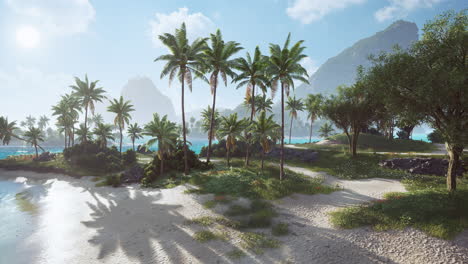 serene tropical beach at sunrise with palm trees and scenic mountain backdrop