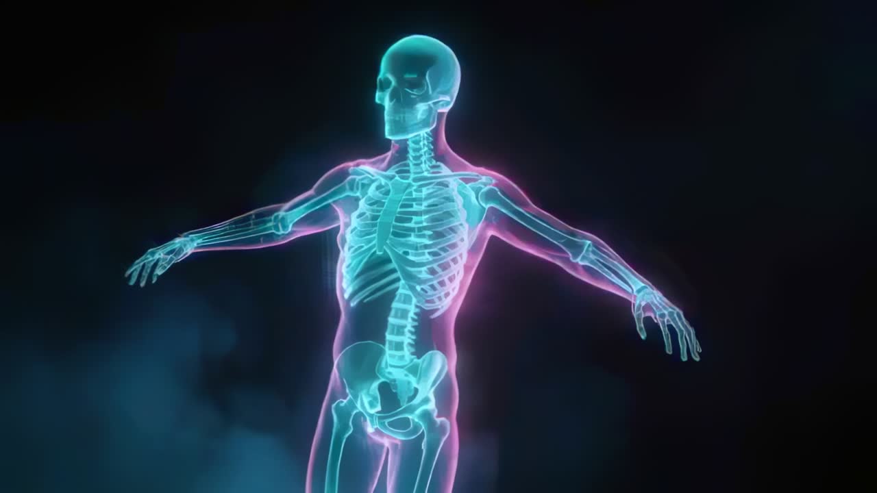 Playback starting, skeleton rotating in dark void, revealing anatomy with cyan bones and pink rim