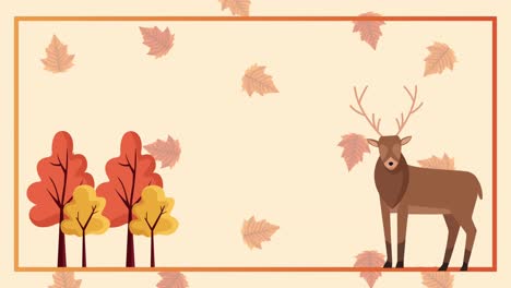 hola animación de otoño con renos y árboles en marco cuadrado