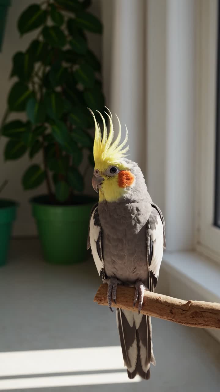 Close-up video frame of a cockatiel perched on a branch indoors, with natural light from a window