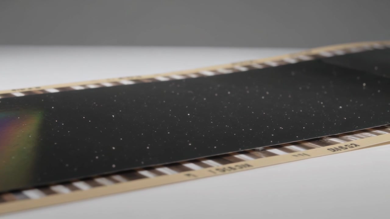 Sporingskamera bevæger sig, fokuserer på mørk stribe på filmholder, viser skinnende plet og pletter