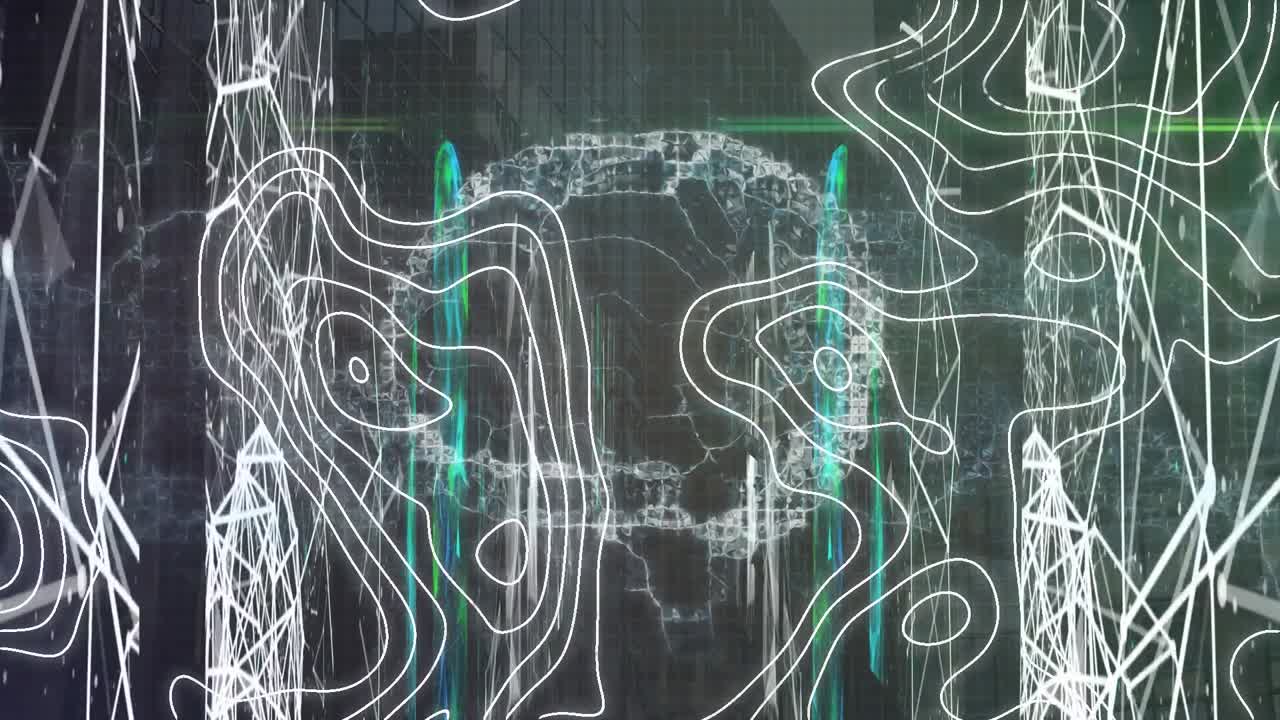 animación de la red de conexiones con el cerebro y formas sobre los edificios