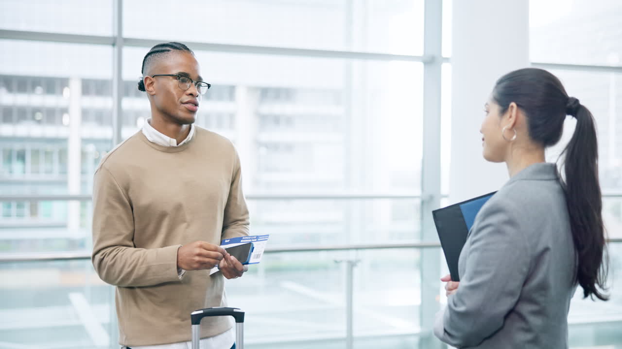 Business people, airport and conversation