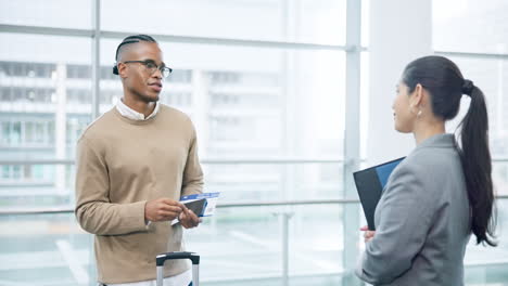 Business-people,-airport-and-conversation