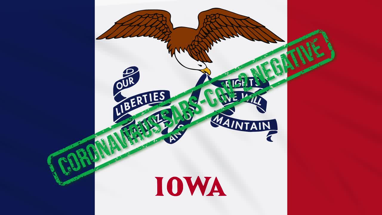 미국 아이오와 주 (iowa state) 의 발은 코로나바이러스로부터의 자유의 녹색 스프로 흔들리고 있습니다.
