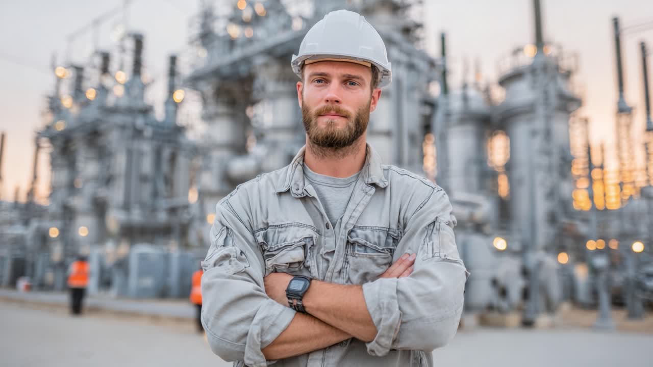 A Confident Engineer Standing Proudly at an Industrial Facility with Machinery in the Background, Symbolizing Strength and Technical Expertise