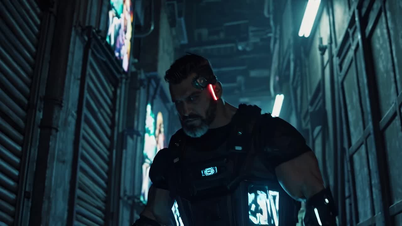 soldado cyberpunk en un callejón oscuro
