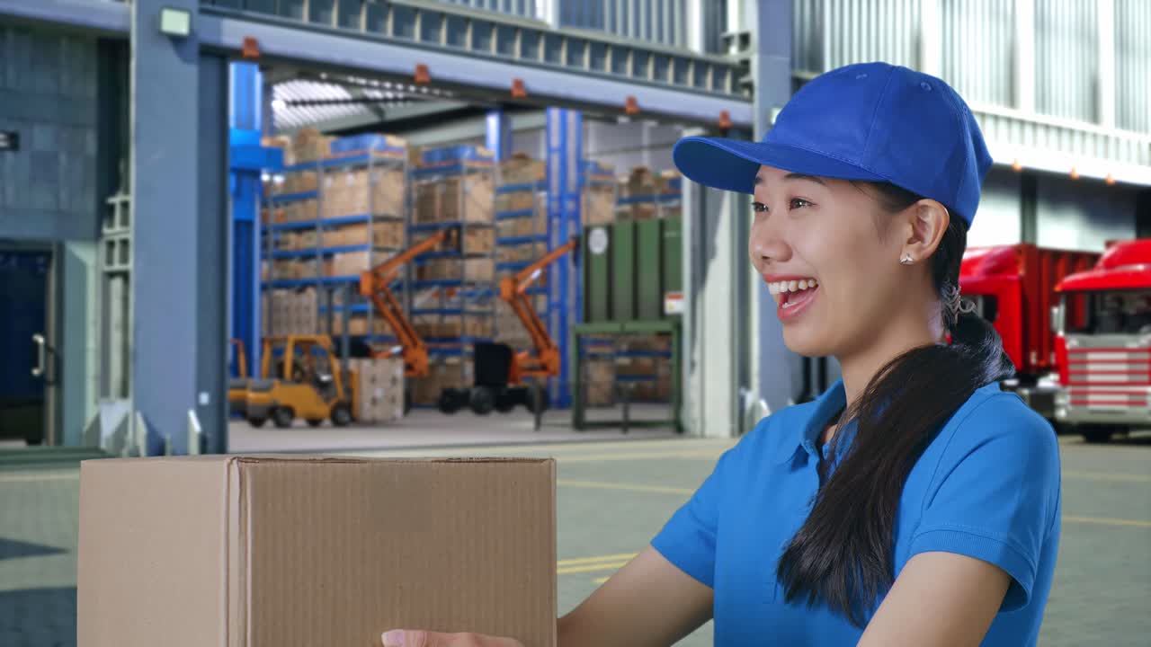 Primo piano di una corriere asiatica in uniforme blu che consegna un cartone a qualcuno e sorride durante la consegna, all'esterno di un magazzino