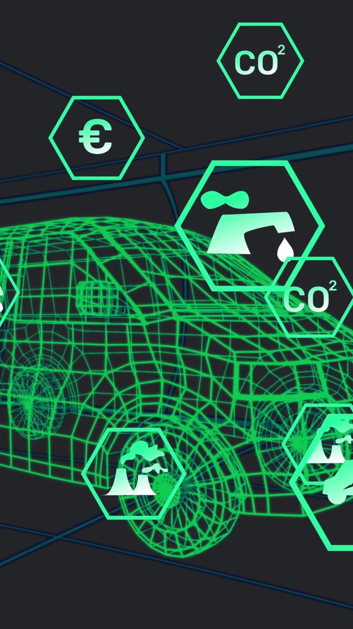 Auto digitale in wireframe con icone ambientali ed economiche.