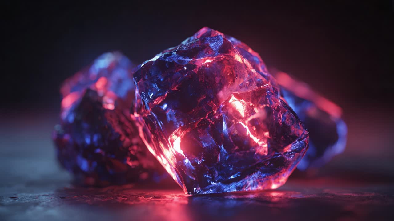 Macro shot of a raw, unpolished crystal glowing with vibrant red and blue neon lights, its internal fractures and facets illuminated by a pulsing, mysterious energy source against a dark background