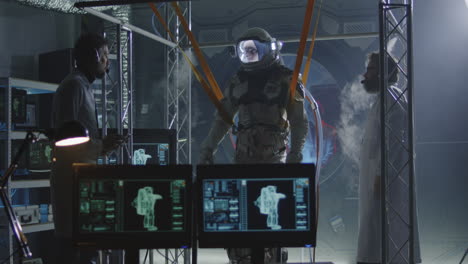 astronaut training in a space simulation lab