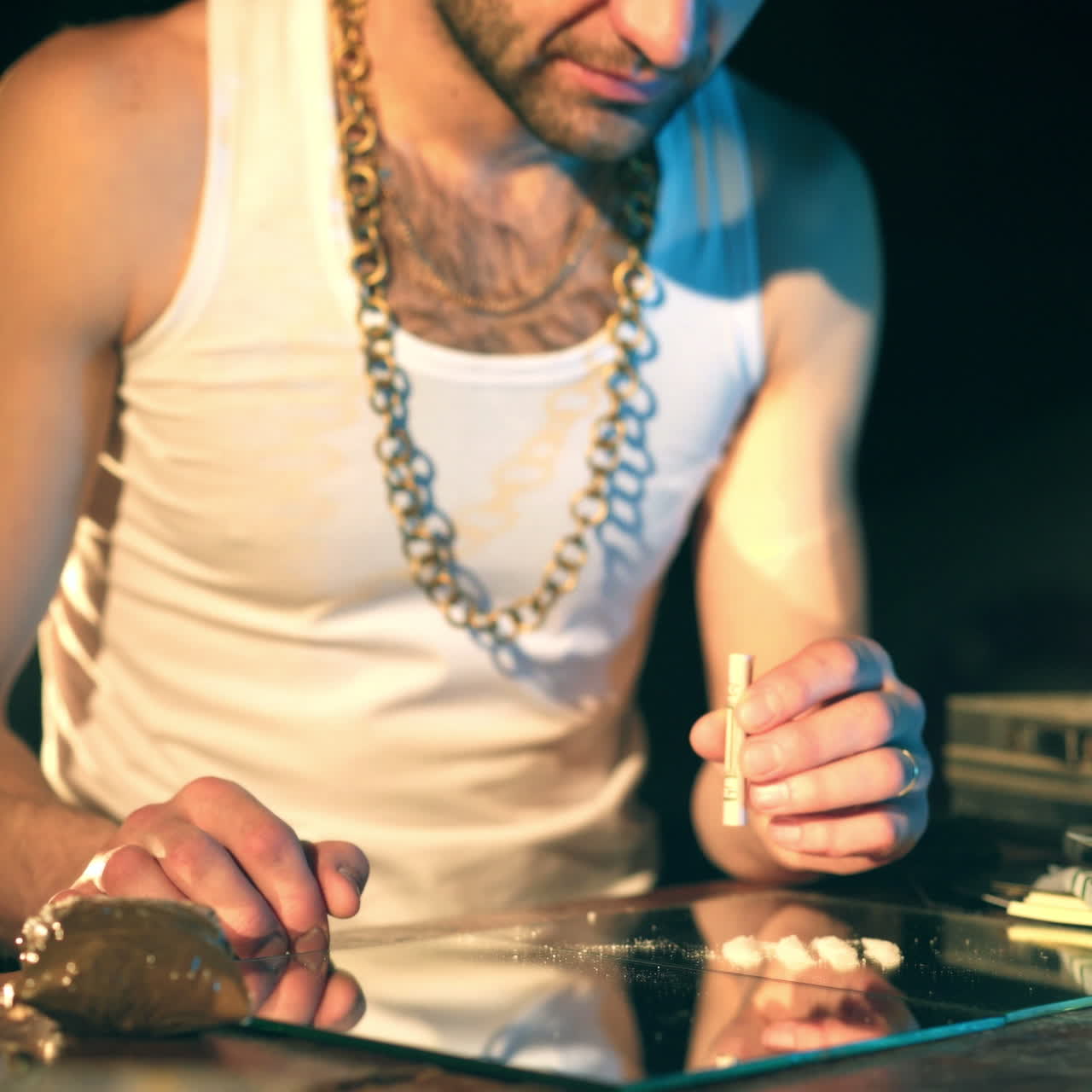 Drug business. Man holding a folded bill for sniffing and snorting the line.