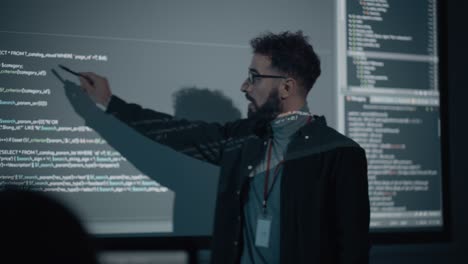 Business Conference Presentation: Visionary Startup CEO Presents New Product, Does Motivational Talk Science, Lecture, Technology, Entrepreneurship, Development, Leadership. Background with Code.
