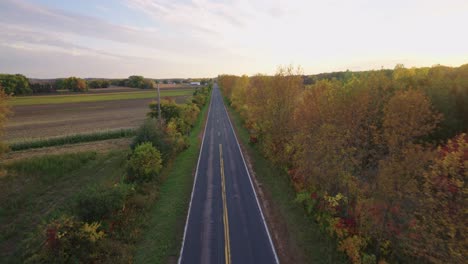 fpv drone slowly flying down rural asphalt road during golden hour in fall season