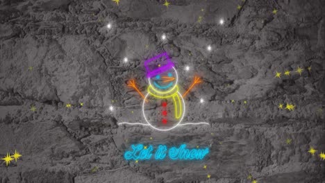 animación de dejar que nieve y texto de muñeco de nieve de neón sobre las luces que caen