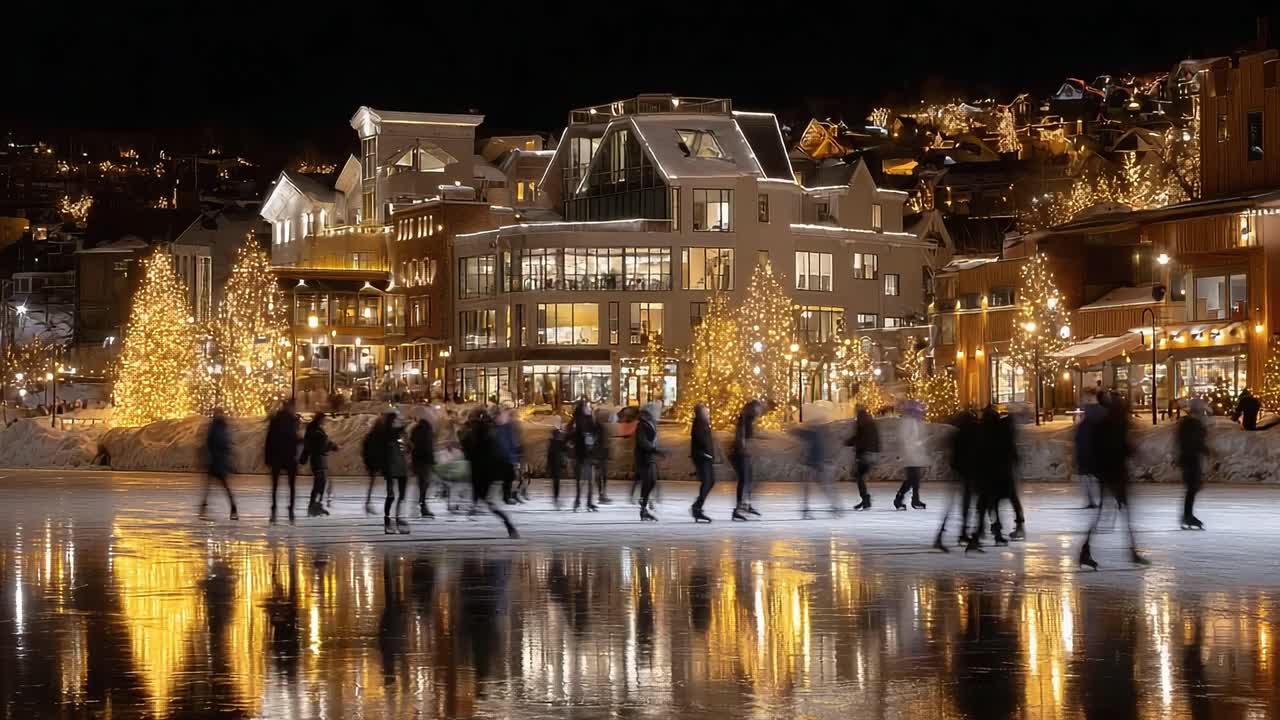 Enchanting Night Ice Skating Scene with Lively Skaters Under Twinkling Lights Reflecting Off a Serene Frozen Lake Surrounded by Festively Decorated Buildings