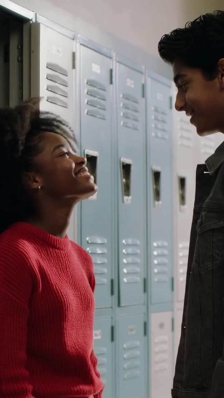 Vertical video: Gaze starting girl smiling, leaning toward boy at open locker, red knit, copy space