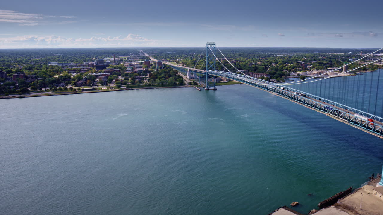 Drone footage in a cinematic style orbiting the bridge over the border of the U.S. and Canada