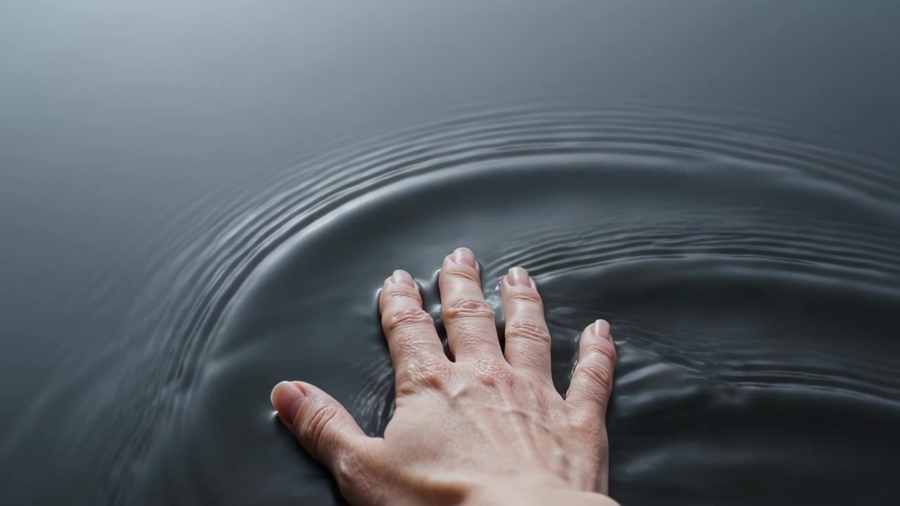 Reaching bare right hand pressing and sliding on dark pool, showing ringed finger, forming ripples