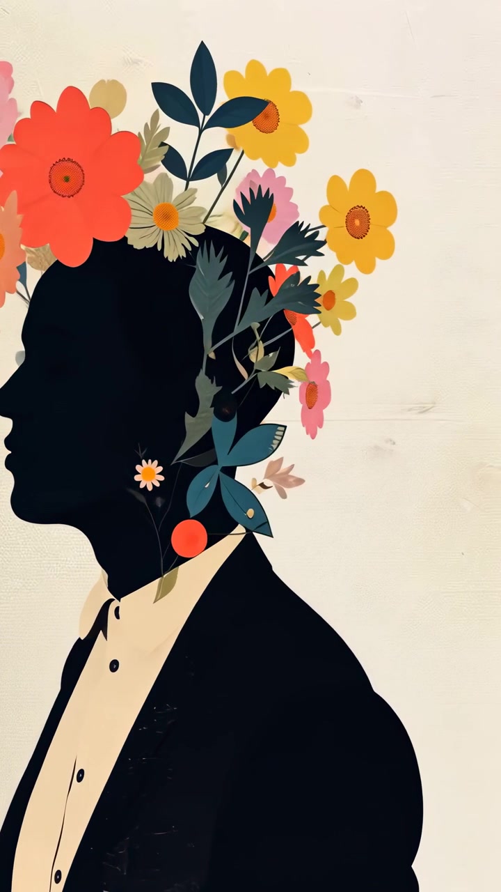 Silhouette animata di una persona con fiori che sbocciano