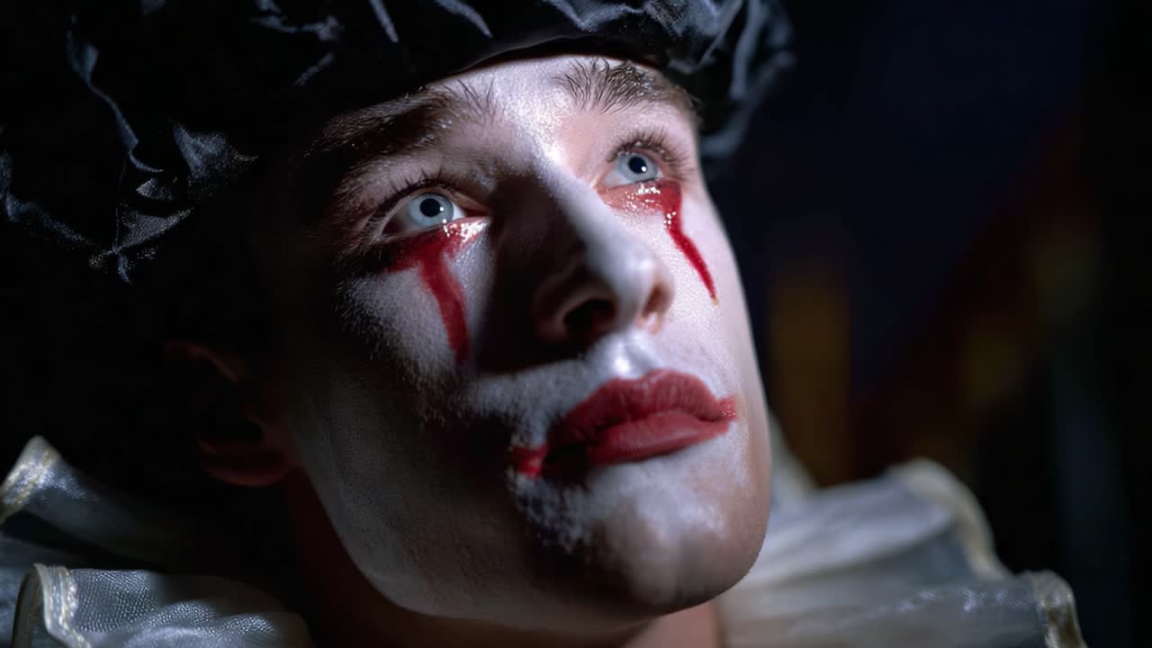 Un ritratto toccante di un clown malinconico che guarda verso l'alto con occhi blu sorprendenti, enfatizzando un'espressione drammatica che trasmette emozioni profonde e curiosità.