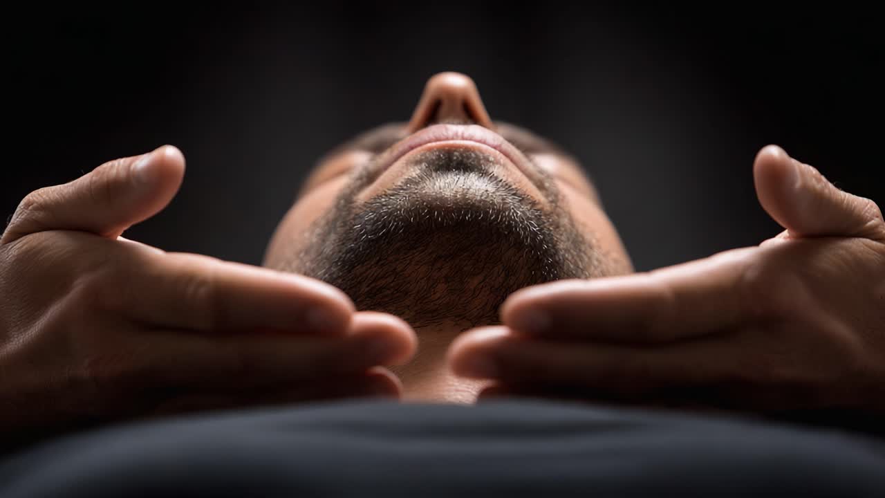 A Serene Moment of Relaxation and Mindfulness: A Close-Up of a Man with a Calm Expression and Gentle Hand Placement, Evoking Tranquility and Peace