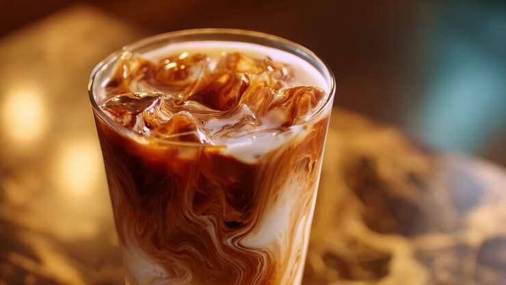 Un delizioso e cremoso caffè freddo con motivi vorticosi di latte e caffè che si uniscono in un bicchiere trasparente su una superficie liscia che riflette la luce