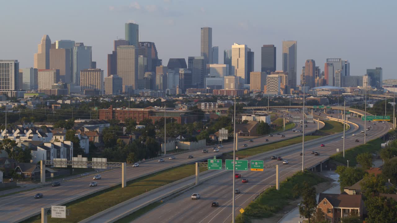 Aerial Drone Shot of Highway 288 with Downtown Houston Skyline